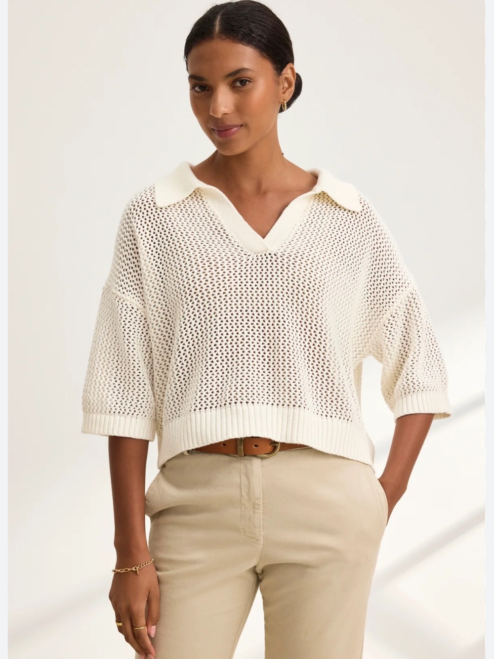 Kes cashmere v neck mesh knit open knit woman’s top cream size medium